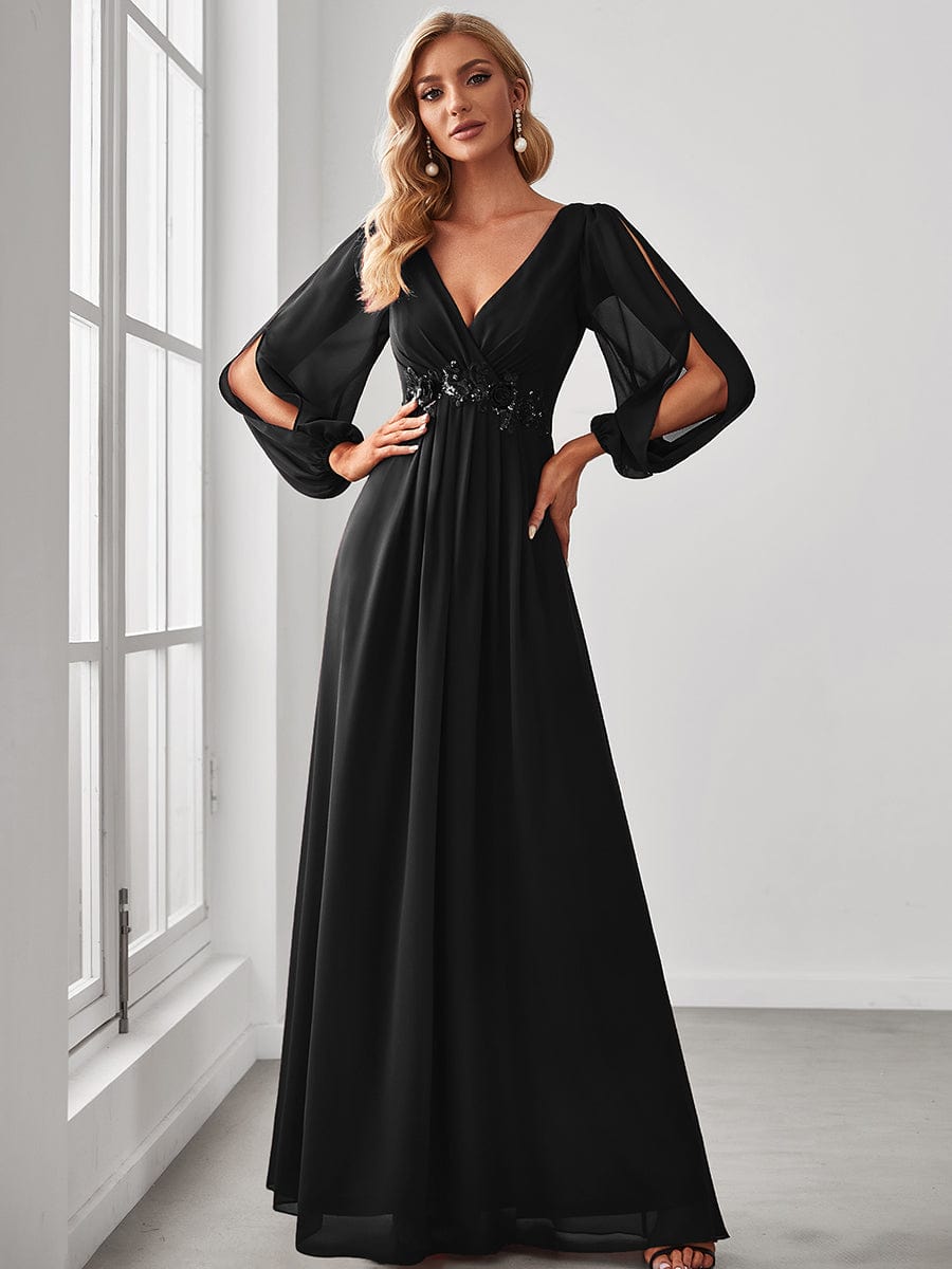 Lantern Long Slit Sleeve Deep V Applique Maxi Evening Dress #color_Black