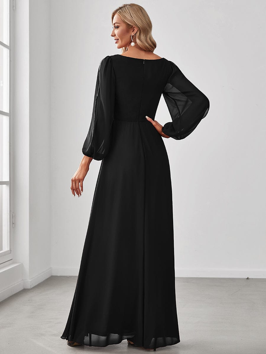 Lantern Long Slit Sleeve Deep V Applique Maxi Evening Dress #color_Black