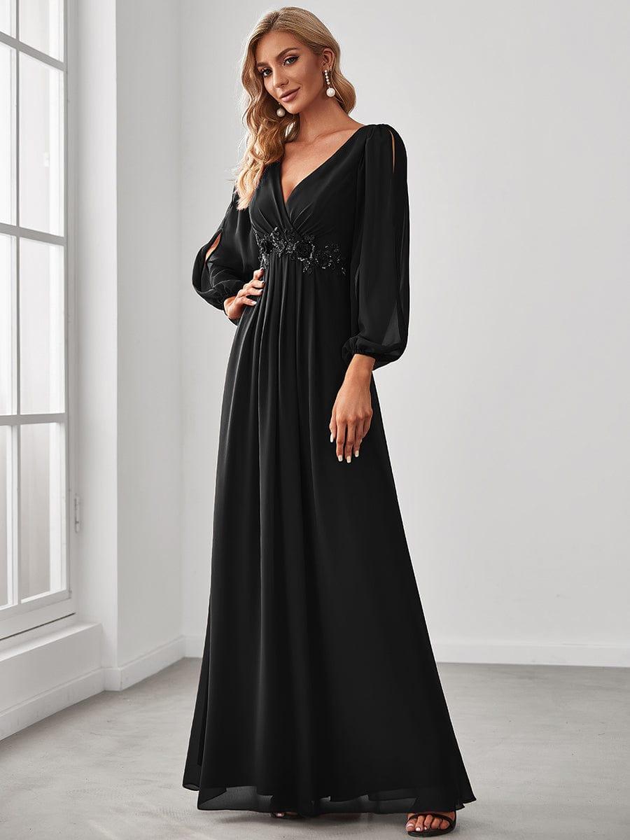 Custom Size Lantern Long Slit Sleeve Deep V Applique Maxi Evening Dress