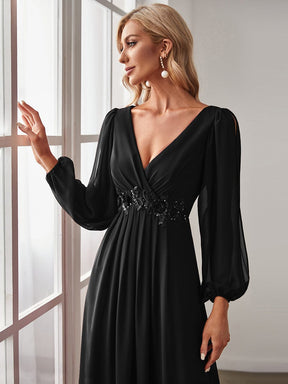 Custom Size Lantern Long Slit Sleeve Deep V Applique Maxi Evening Dress