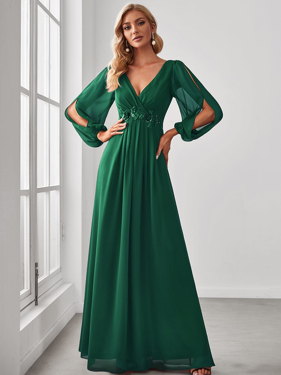 Lantern Long Slit Sleeve Deep V Applique Maxi Evening Dress #color_Dark Green