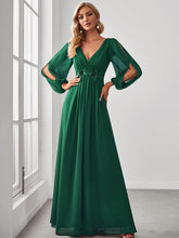 Deep V Neck Long Wedding Guest Dress with Long Sleeves #color_Dark Green