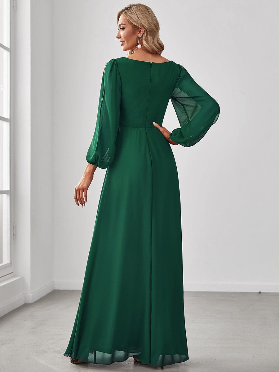 Lantern Long Slit Sleeve Deep V Applique Maxi Evening Dress #color_Dark Green