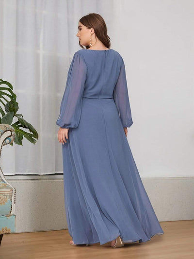 Stylish Chiffon Plus Size Evening Dresses with Long Lantern Sleeves #color_Dusty Blue