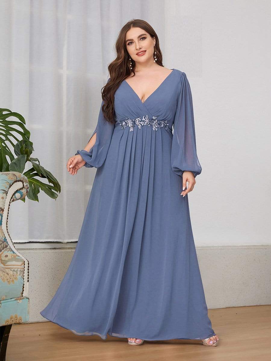 Deep V Neck Long Wedding Guest Dress with Long Sleeves