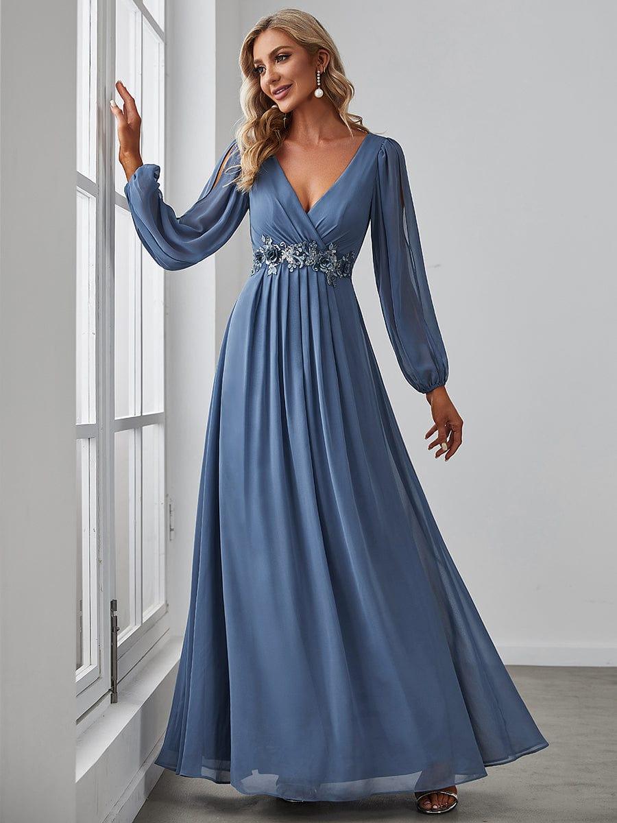 Custom Size Lantern Long Slit Sleeve Deep V Applique Maxi Evening Dress #color_Dusty Navy