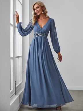 Custom Size Lantern Long Slit Sleeve Deep V Applique Maxi Evening Dress