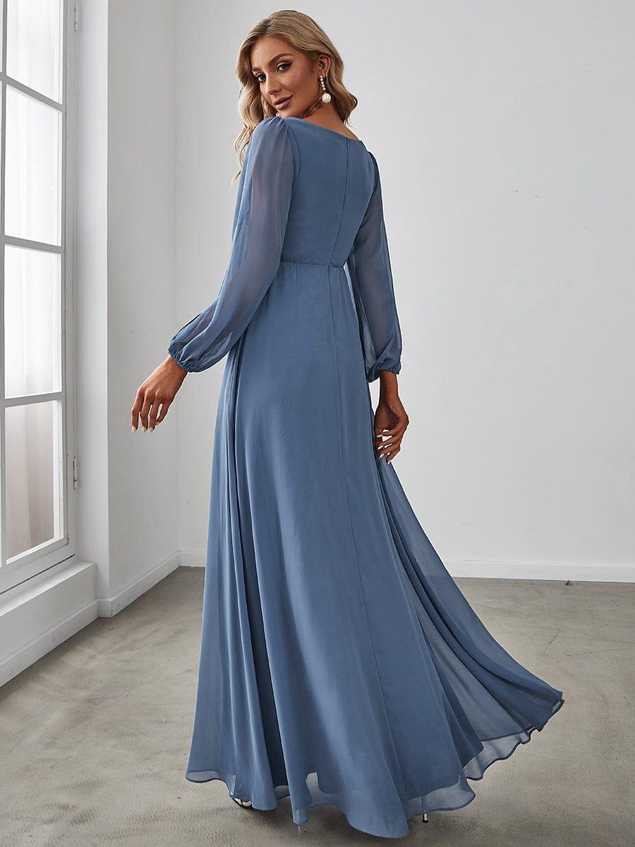 Custom Size Lantern Long Slit Sleeve Deep V Applique Maxi Evening Dress #color_Dusty Blue