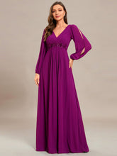 V-Neck Long Sleeve Applique A-Line Chiffon Evening Dress #color_Fuchsia