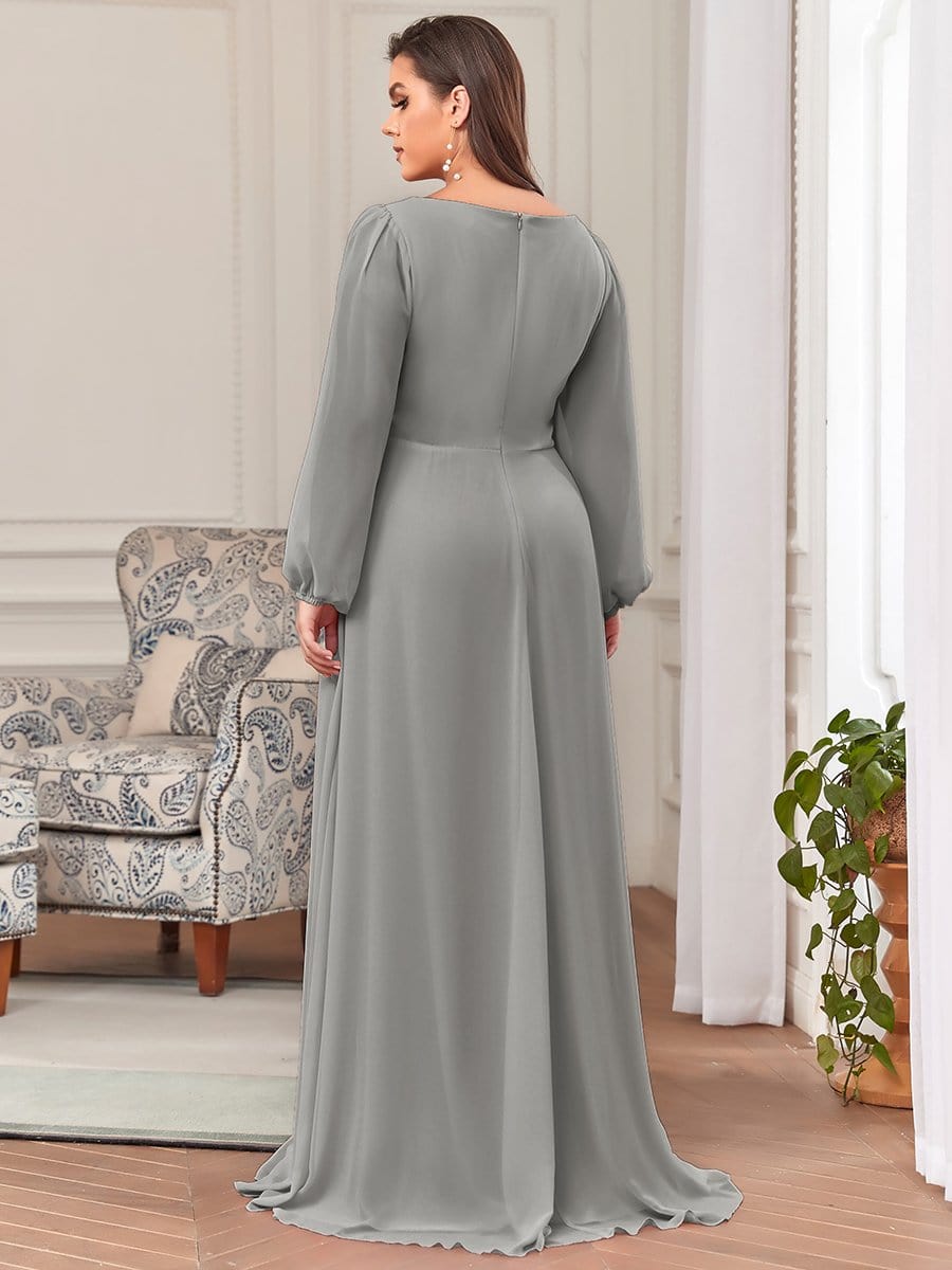 Stylish Chiffon Plus Size Evening Dresses with Long Lantern Sleeves #color_Grey