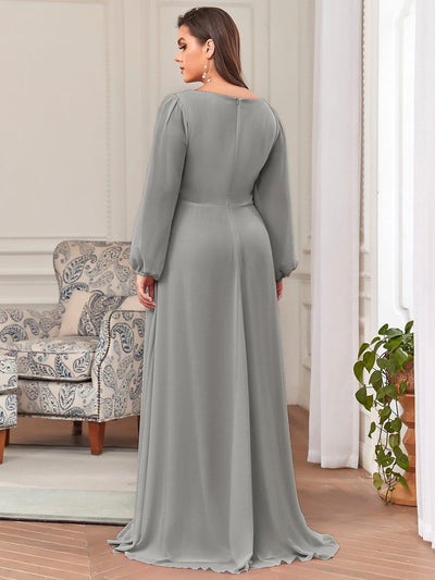 Stylish Chiffon Plus Size Evening Dresses with Long Lantern Sleeves #color_Grey
