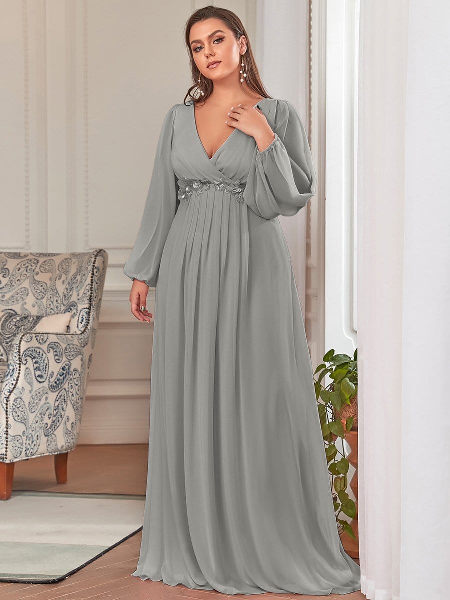 Stylish Chiffon Plus Size Evening Dresses with Long Lantern Sleeves #color_Grey