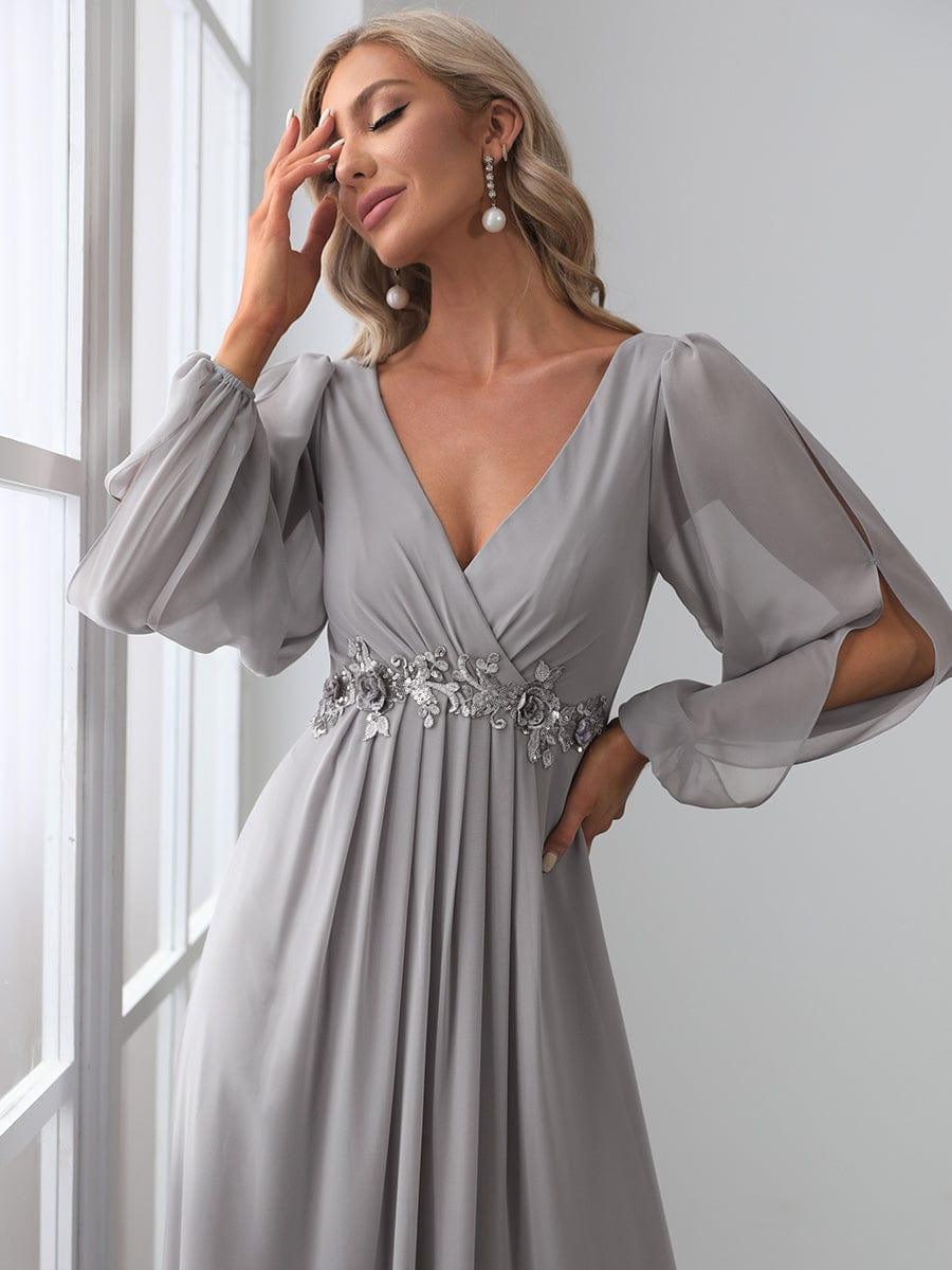 Custom Size Lantern Long Slit Sleeve Deep V Applique Maxi Evening Dress #color_Grey