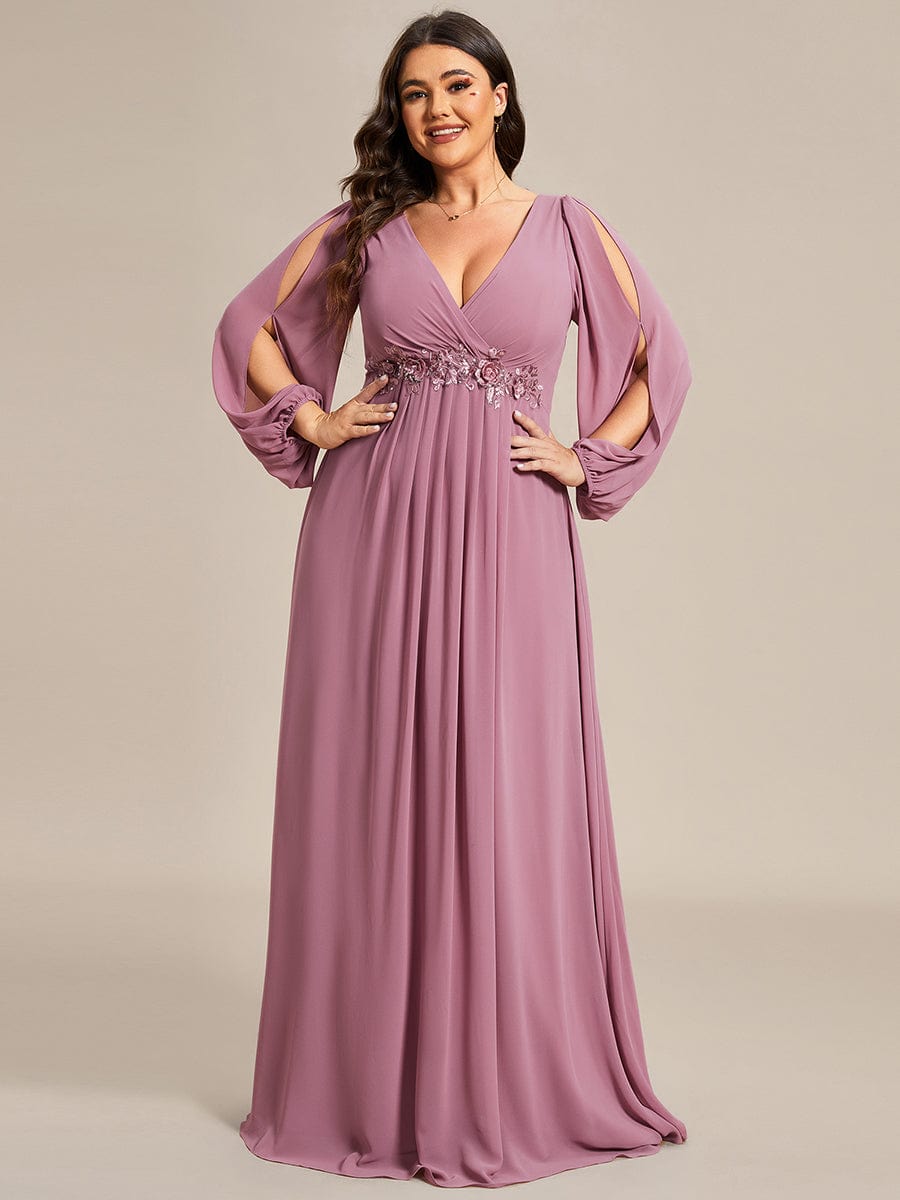 Stylish Chiffon Plus Size Evening Dresses with Long Lantern Sleeves #color_Purple Orchid