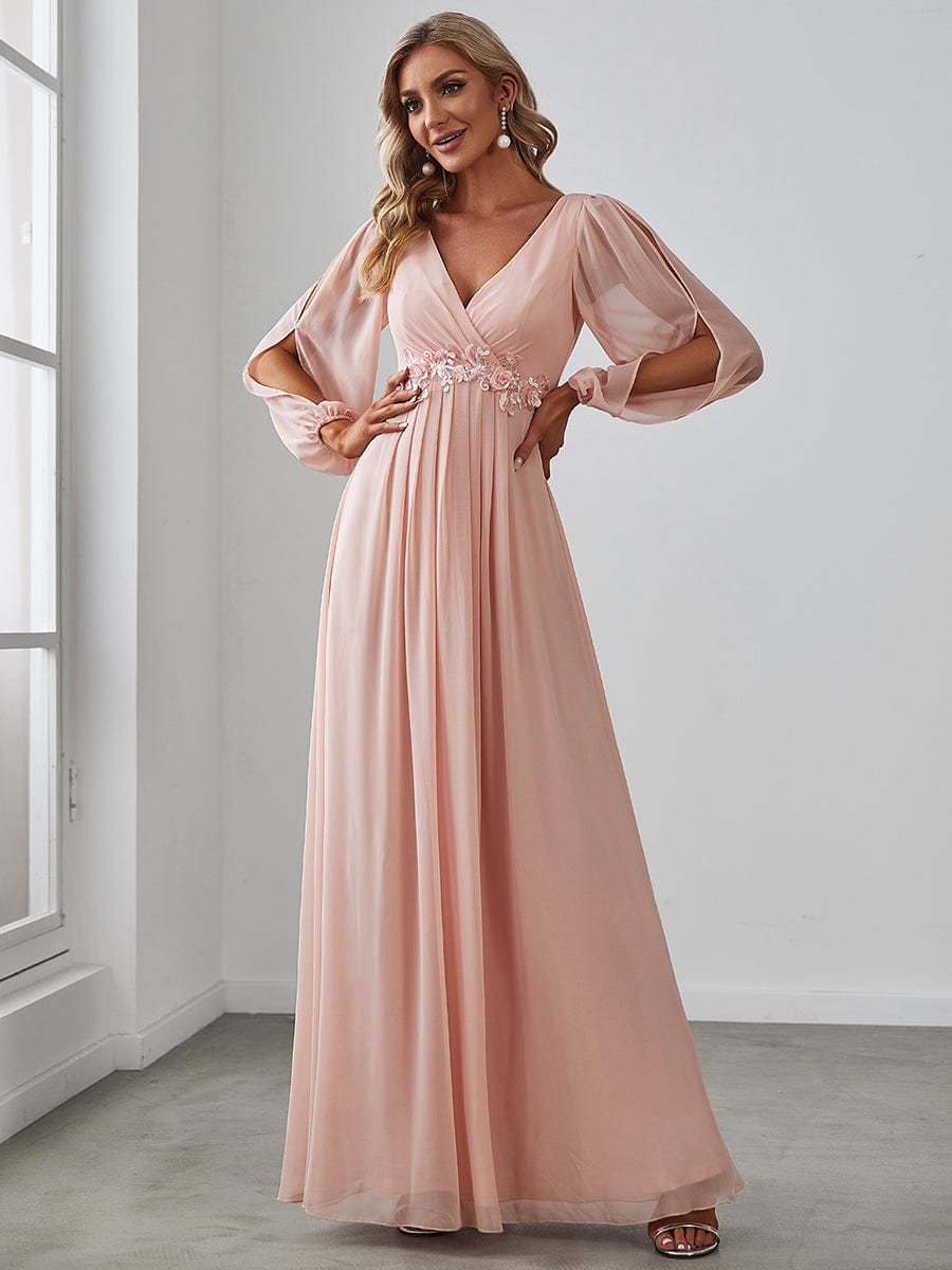 Custom Size Lantern Long Slit Sleeve Deep V Applique Maxi Evening Dress #color_Pink