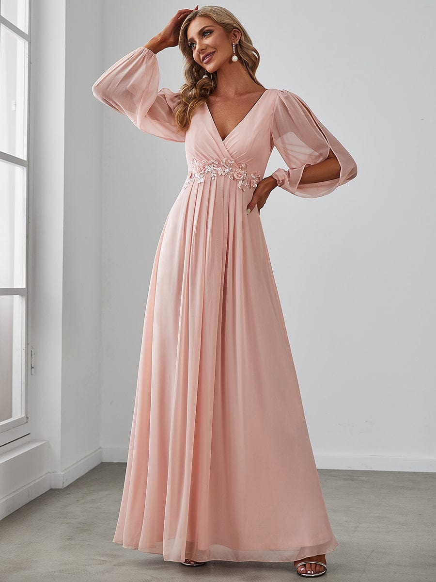 Deep V Neck Long Wedding Guest Dress with Long Sleeves #color_Pink