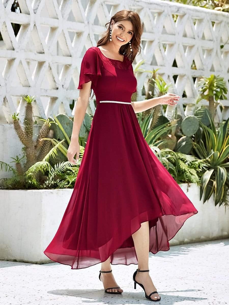 Women's Casual Boat Neck A-Line Midi Dress with Irregular Hem #color_Burgundy