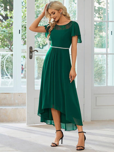 Women's Casual Boat Neck A-Line Midi Dress with Irregular Hem #color_Dark Green