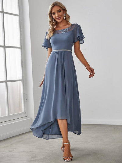 Women's Casual Boat Neck A-Line Midi Dress with Irregular Hem #color_Dusty Blue
