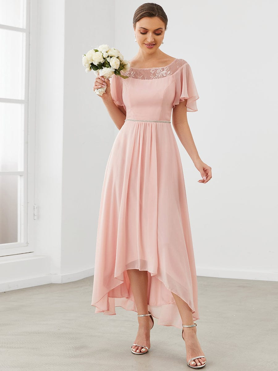 Women's Casual Boat Neck A-Line Midi Dress with Irregular Hem #color_Pink