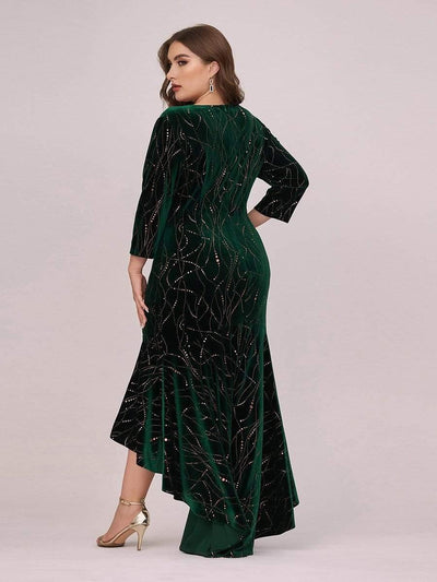 Elegant Plus Size Bodycon High-Low Velvet Party Dress #color_Dark Green