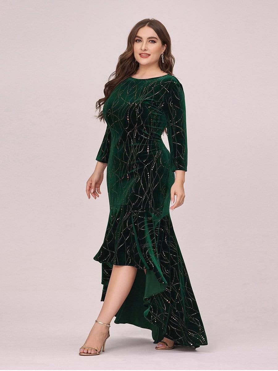 Elegant Plus Size Bodycon High-Low Velvet Party Dress