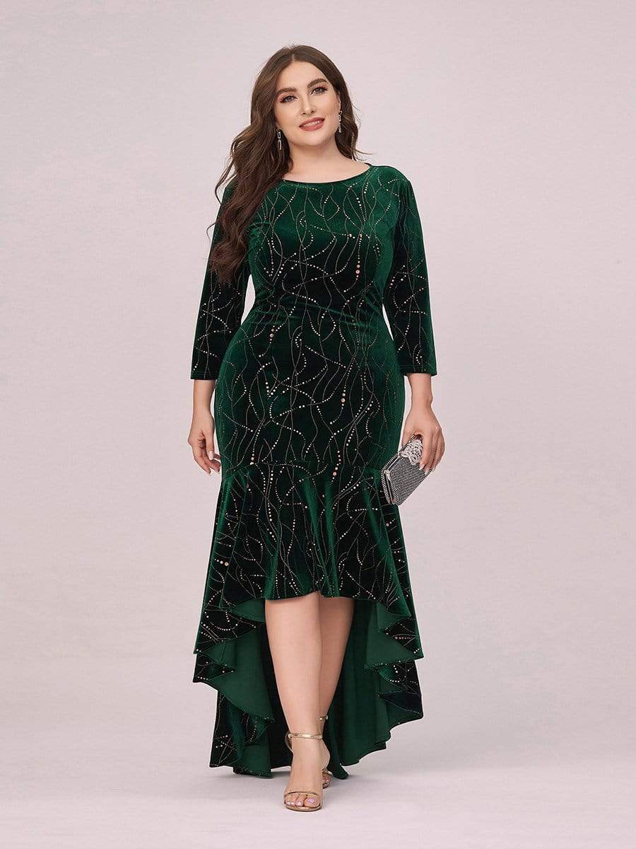 Elegant Plus Size Bodycon High-Low Velvet Party Dress #color_Dark Green