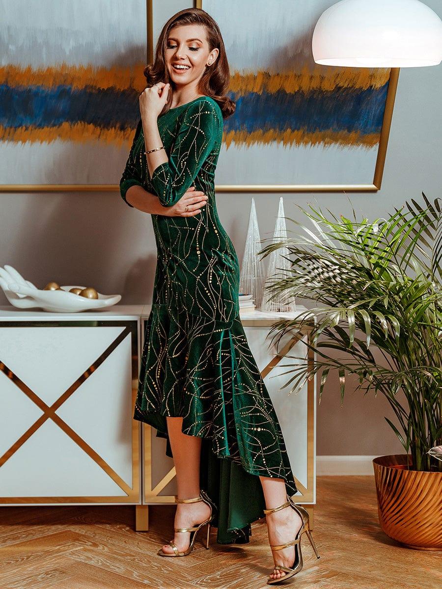 Women's Stylish Bodycon High-Low Velvet Party Dress #color_Dark Green