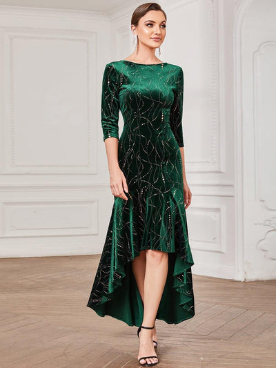 Women's Stylish Bodycon High-Low Velvet Party Dress #color_Dark Green