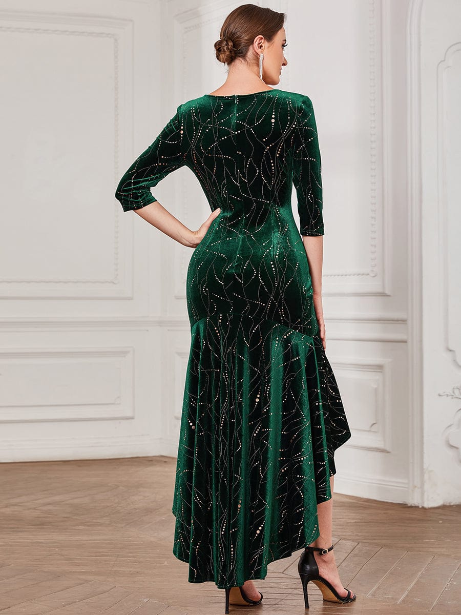 Women's Stylish Bodycon High-Low Velvet Party Dress #color_Dark Green
