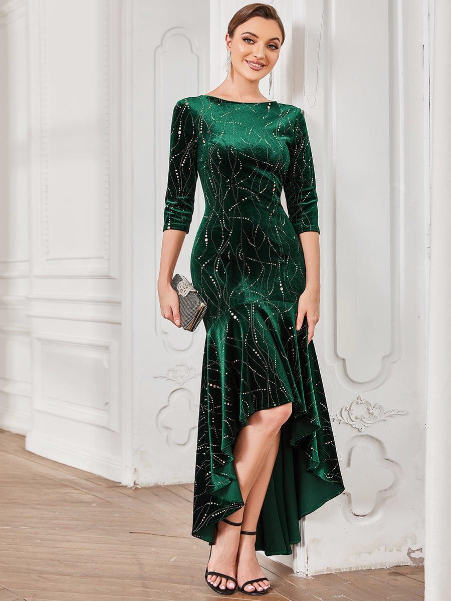 Women's Stylish Bodycon High-Low Velvet Party Dress #color_Dark Green
