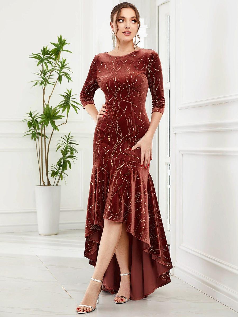 Women's Stylish Bodycon High-Low Velvet Party Dress #color_Brick Red