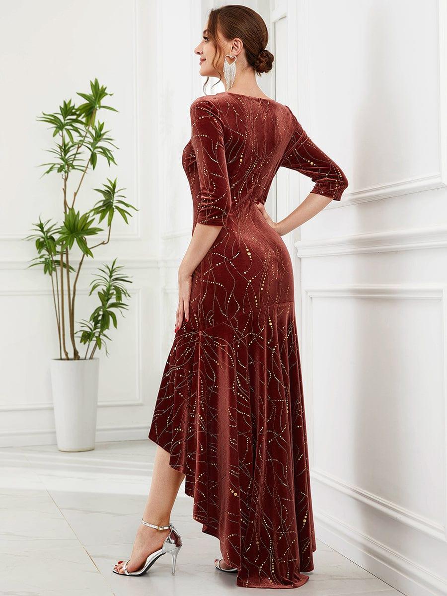 Women's Stylish Bodycon High-Low Velvet Party Dress #color_Brick Red
