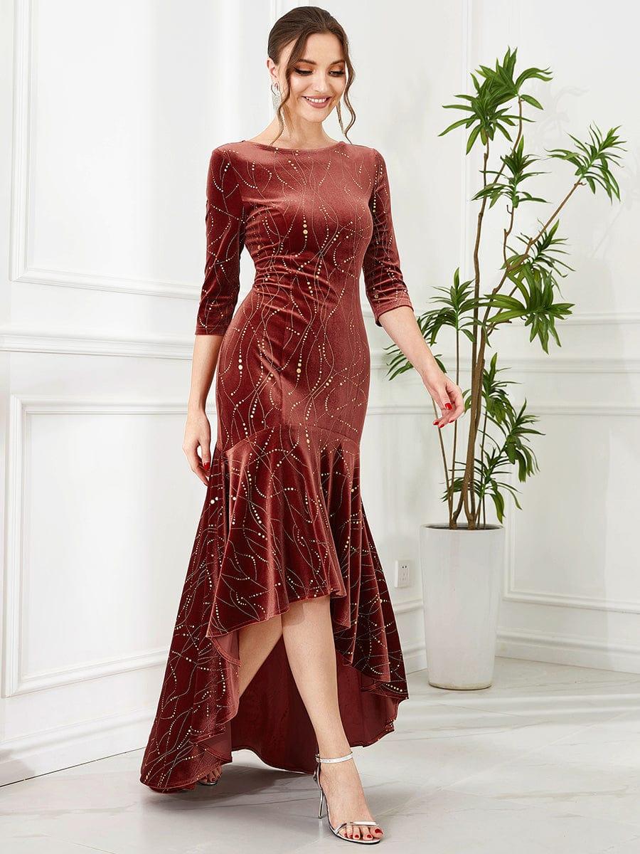 Women's Stylish Bodycon High-Low Velvet Party Dress #color_Brick Red