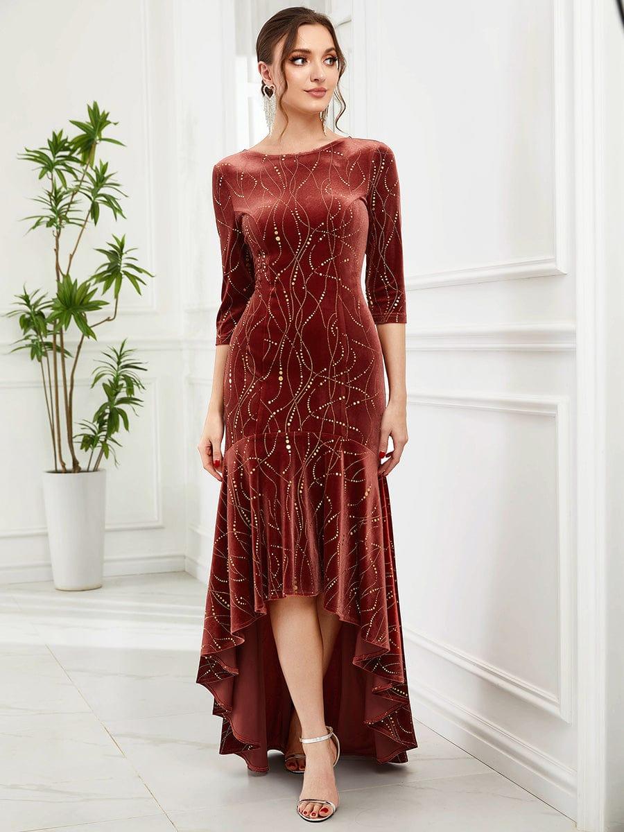 Women's Stylish Bodycon High-Low Velvet Party Dress #color_Brick Red