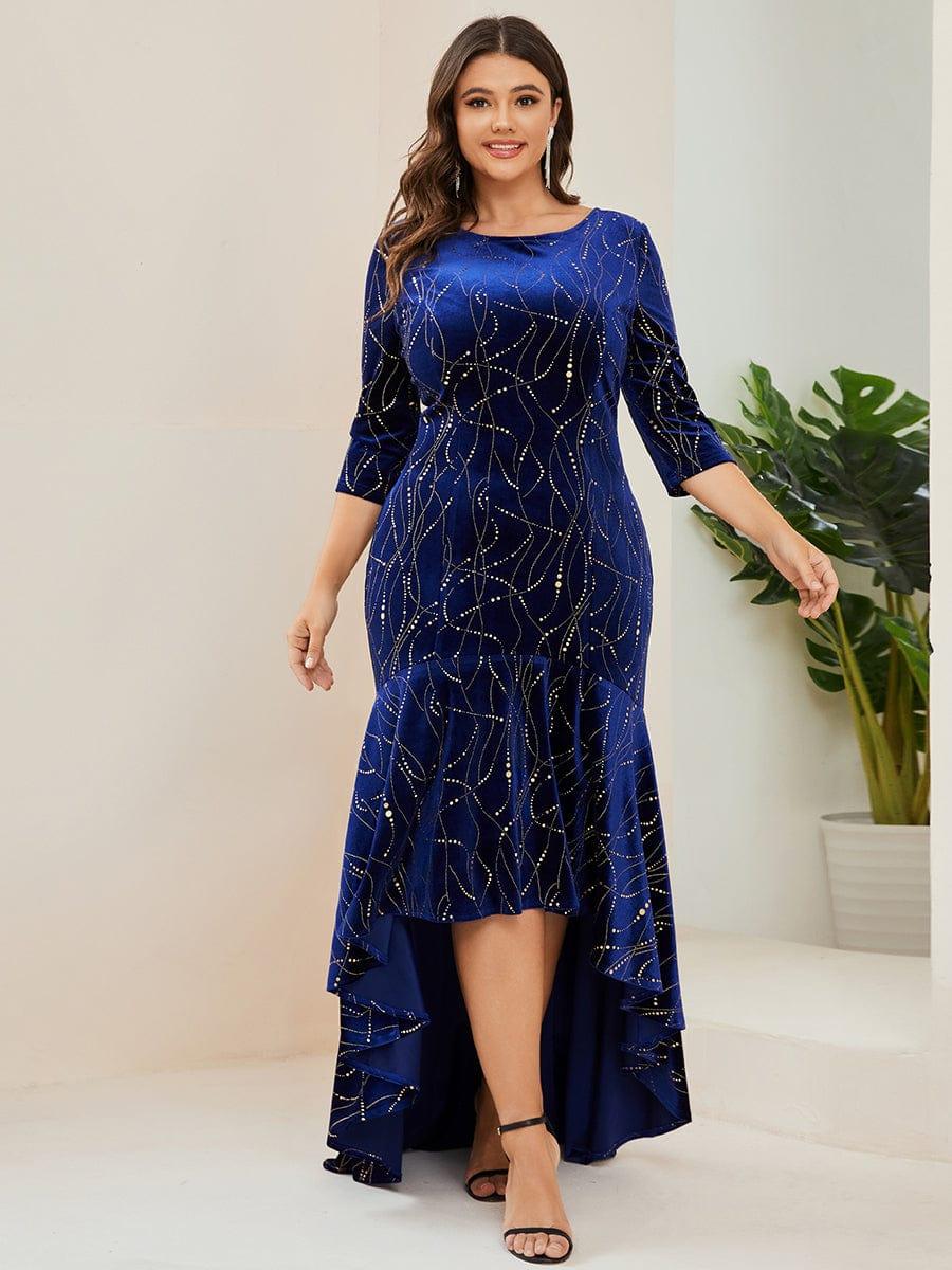 Women's Stylish Bodycon High-Low Velvet Party Dress #color_Royal Blue