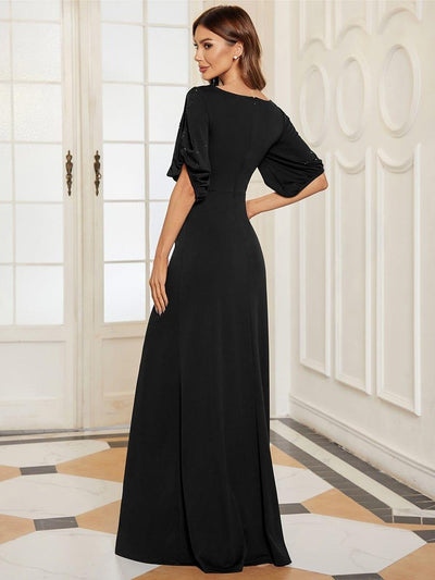 Trendy Round Neck Floor Length Evening Dress For Women #color_Black