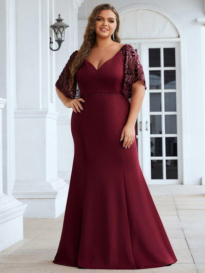 Elegant Plus Size V Neck Fishtail Evening Dress for Women #color_Burgundy