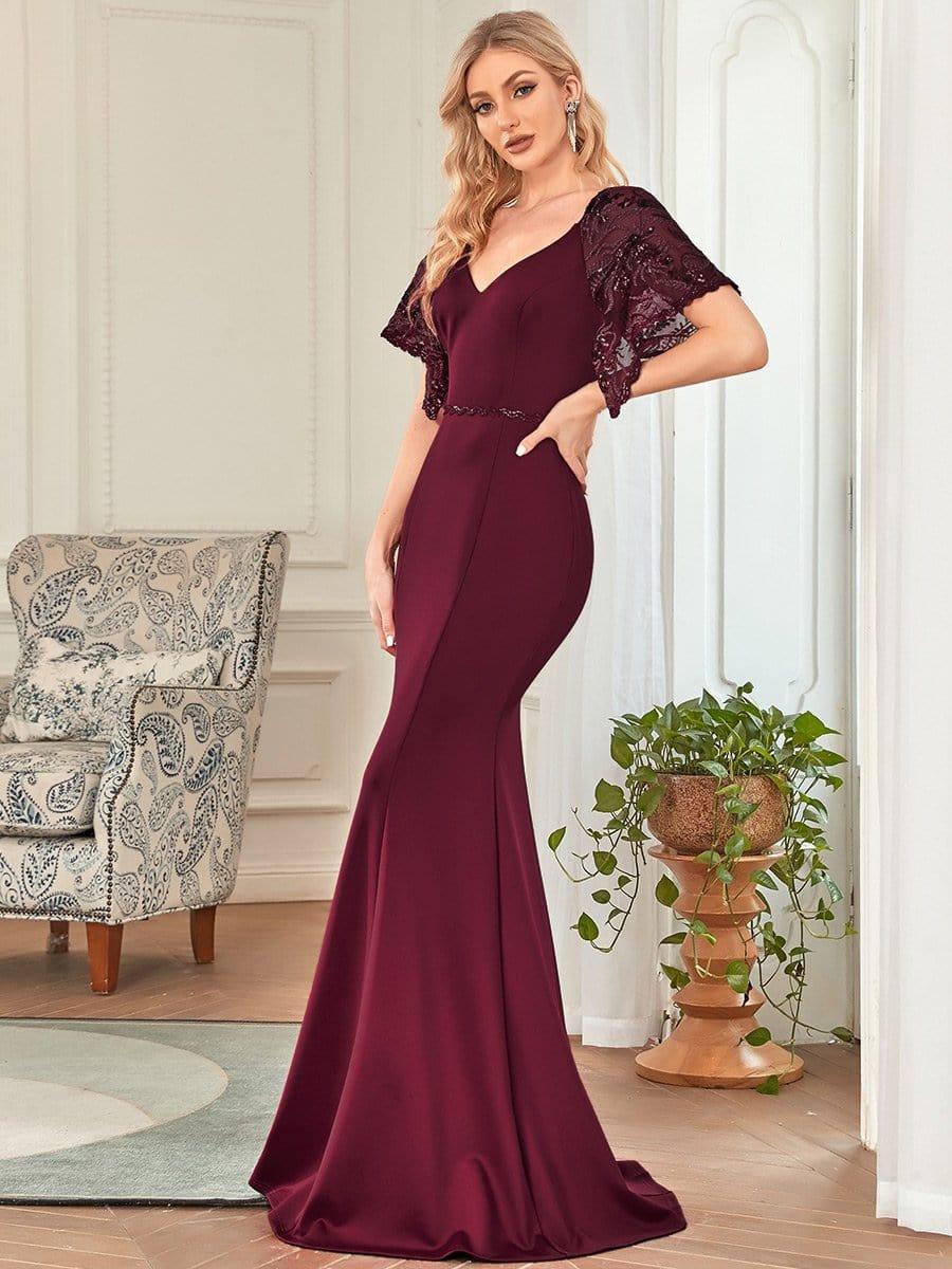 Custom Size Sexy Maxi V Neck Bodycon Party Dress with Flare Sleeves #color_Burgundy