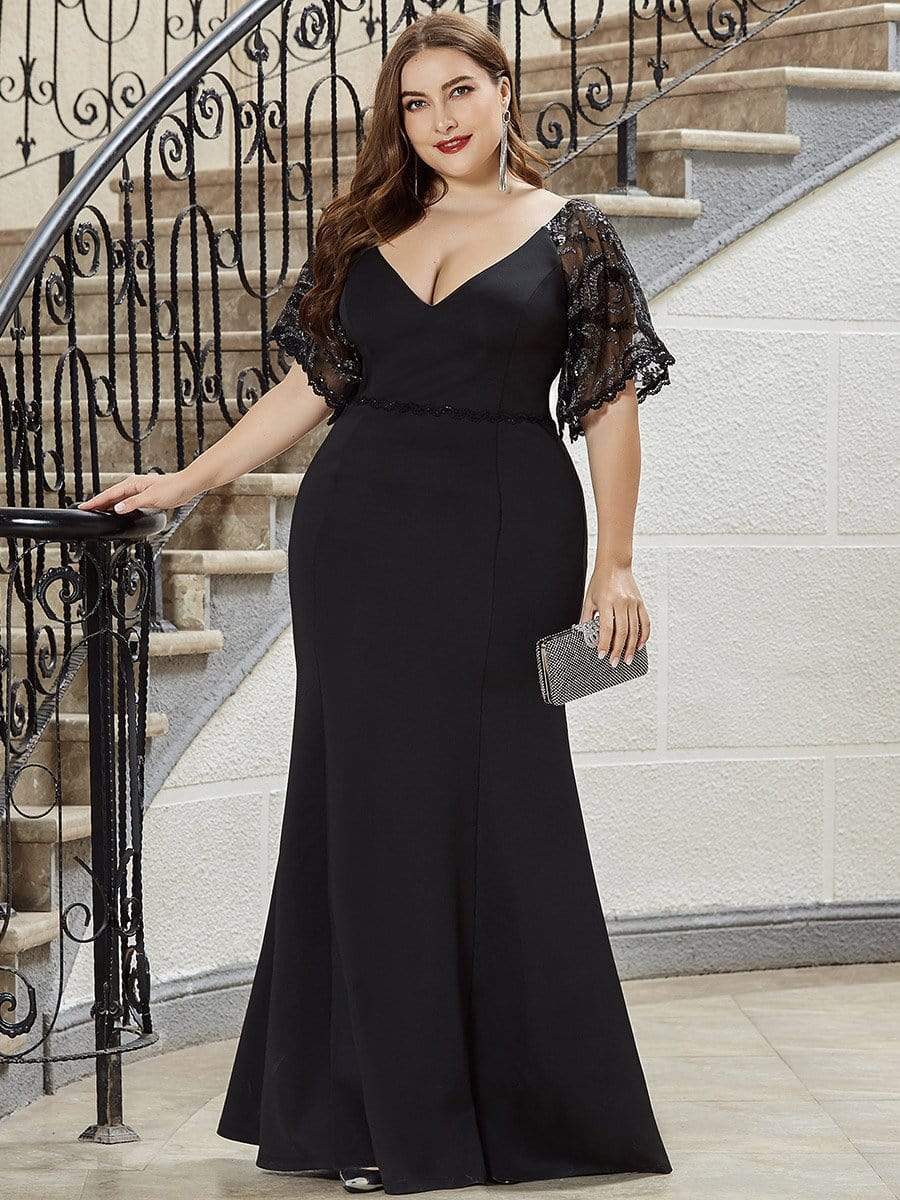 Elegant Plus Size V Neck Fishtail Evening Dress for Women #color_Black