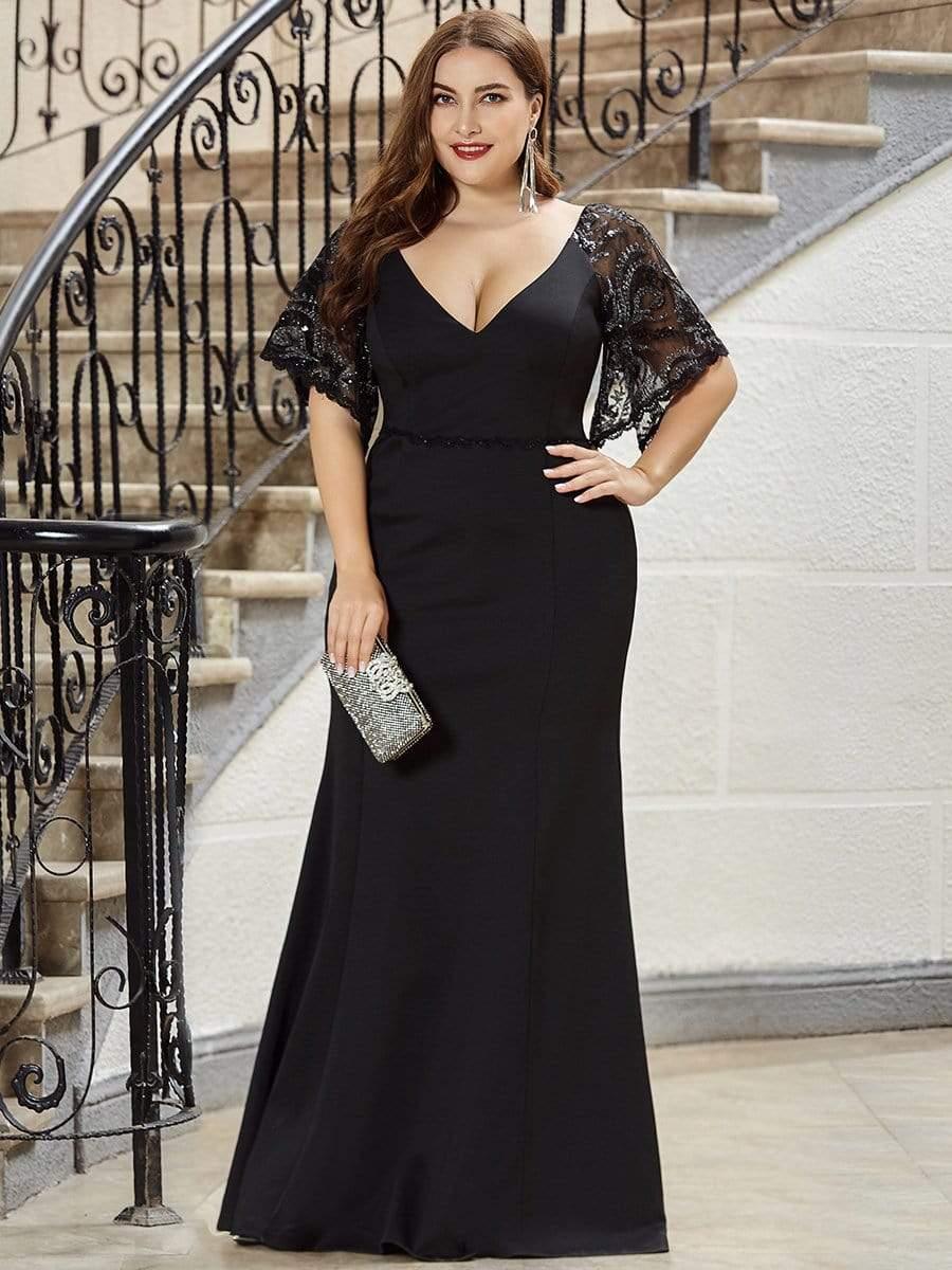 Custom Size Sexy Maxi V Neck Bodycon Party Dress with Flare Sleeves #color_Black