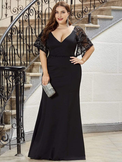 Plus Size V Neck Lace Sleeve Evening Dress for Women #color_Black