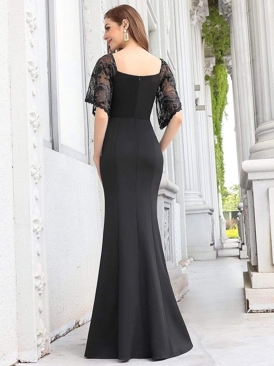 Custom Size Sexy Maxi V Neck Bodycon Party Dress with Flare Sleeves #color_Black