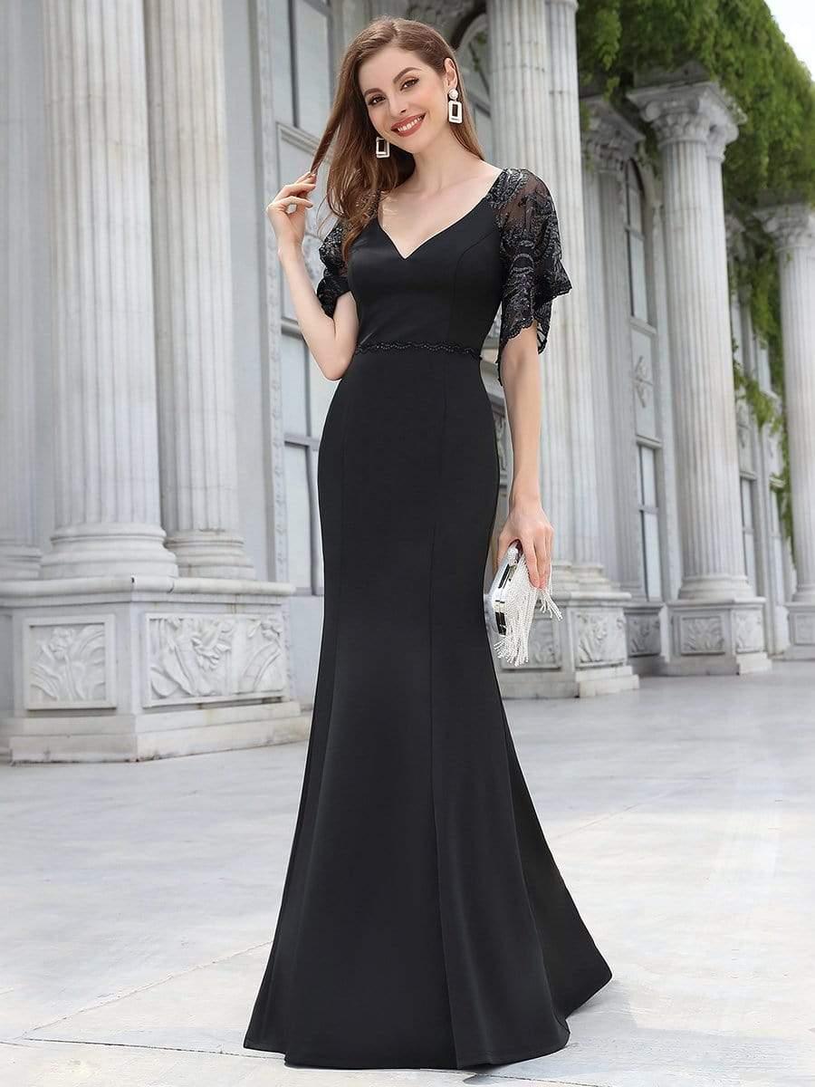Custom Size Sexy Maxi V Neck Bodycon Party Dress with Flare Sleeves #color_Black