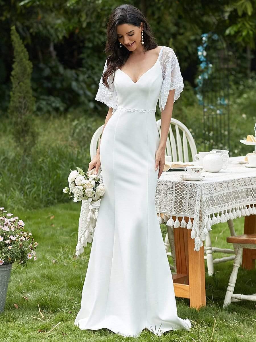 Custom Size Sexy Maxi V Neck Bodycon Party Dress with Flare Sleeves #color_Cream