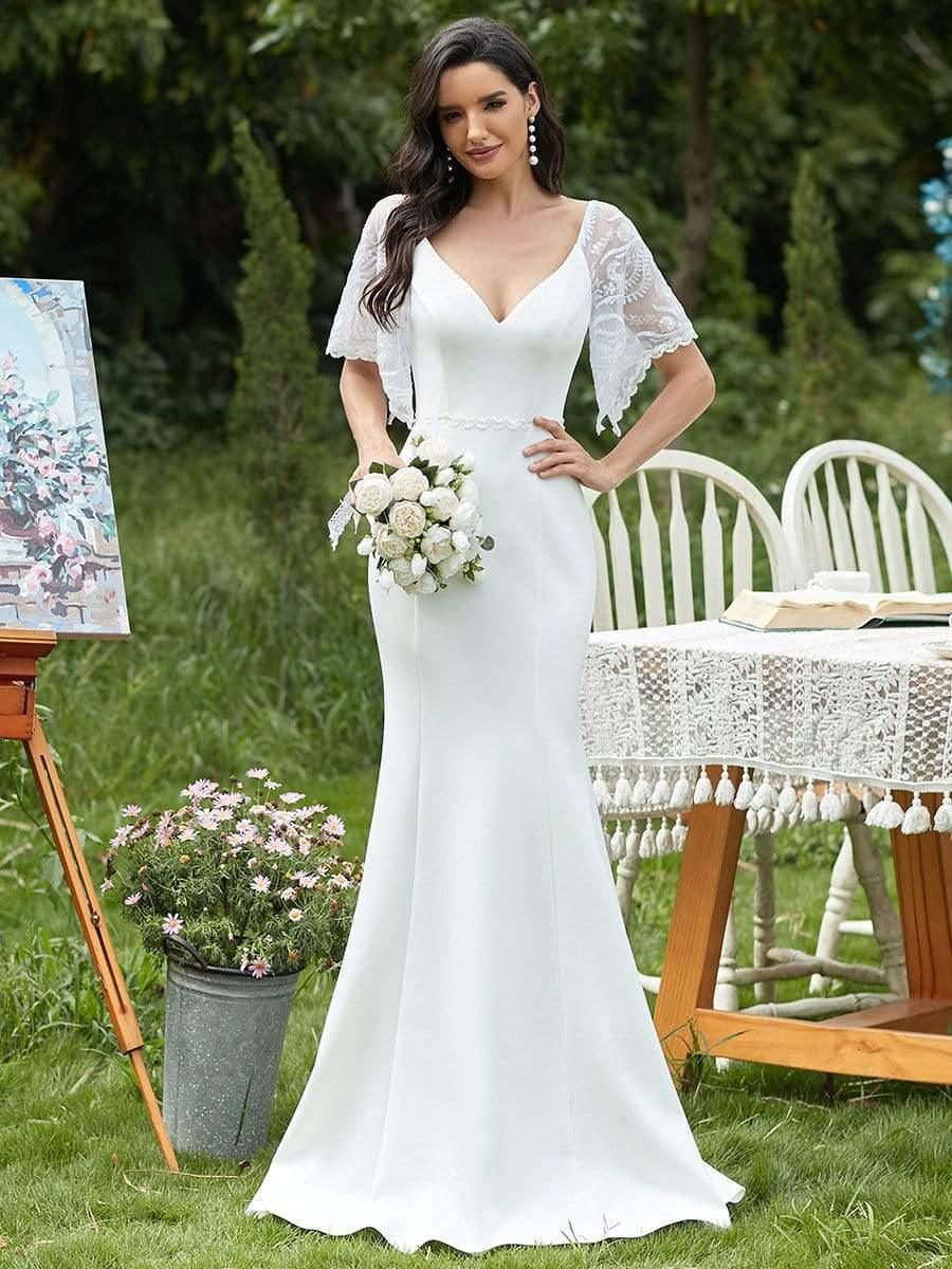 Custom Size Sexy Maxi V Neck Bodycon Party Dress with Flare Sleeves #color_Cream