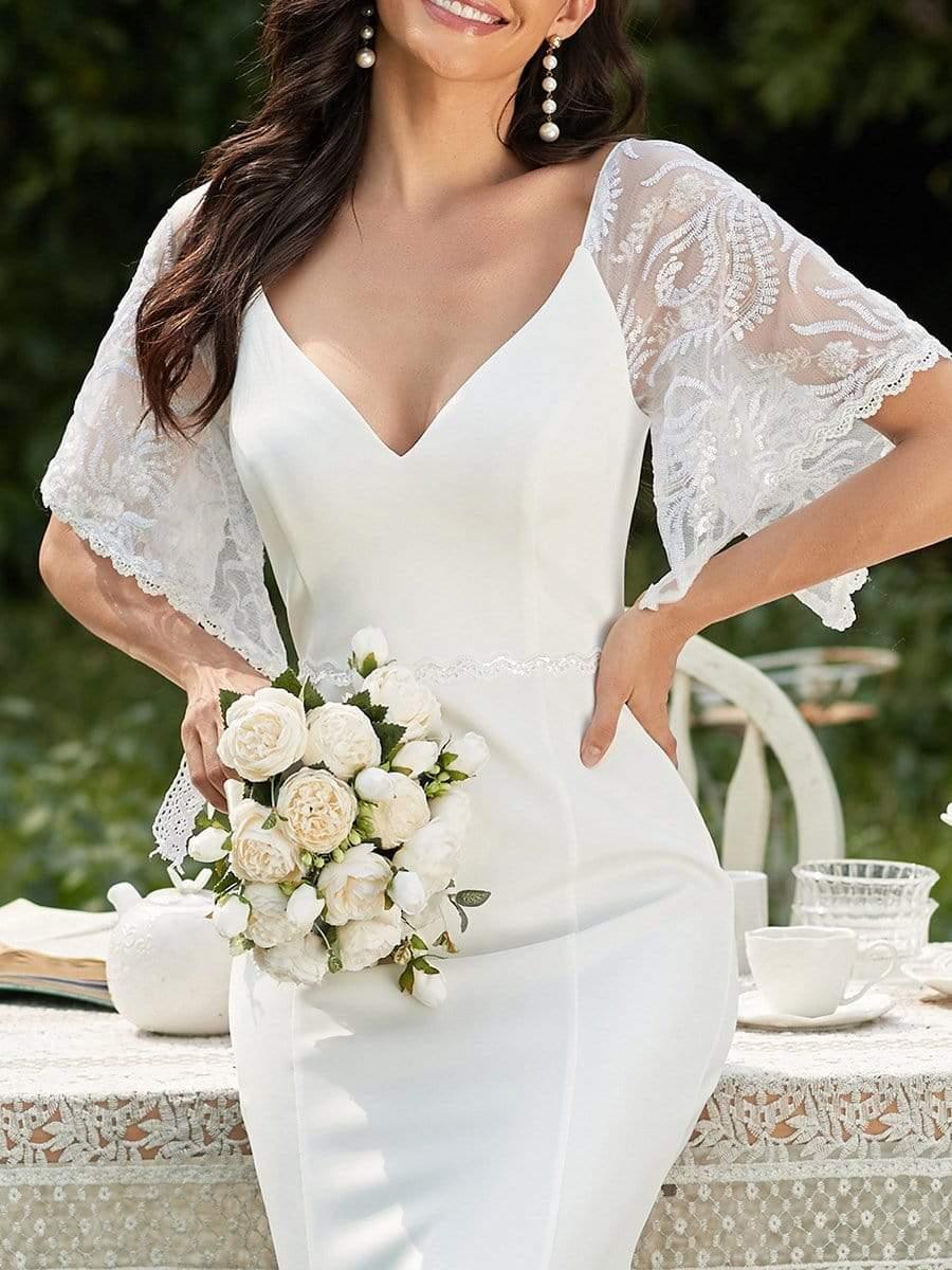 Custom Size Sexy Maxi V Neck Bodycon Party Dress with Flare Sleeves #color_Cream