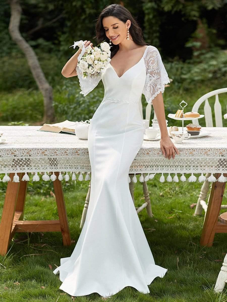 Custom Size Sexy Maxi V Neck Bodycon Party Dress with Flare Sleeves #color_Cream