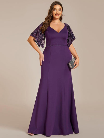 Elegant Plus Size V Neck Fishtail Evening Dress for Women #color_Dark Purple