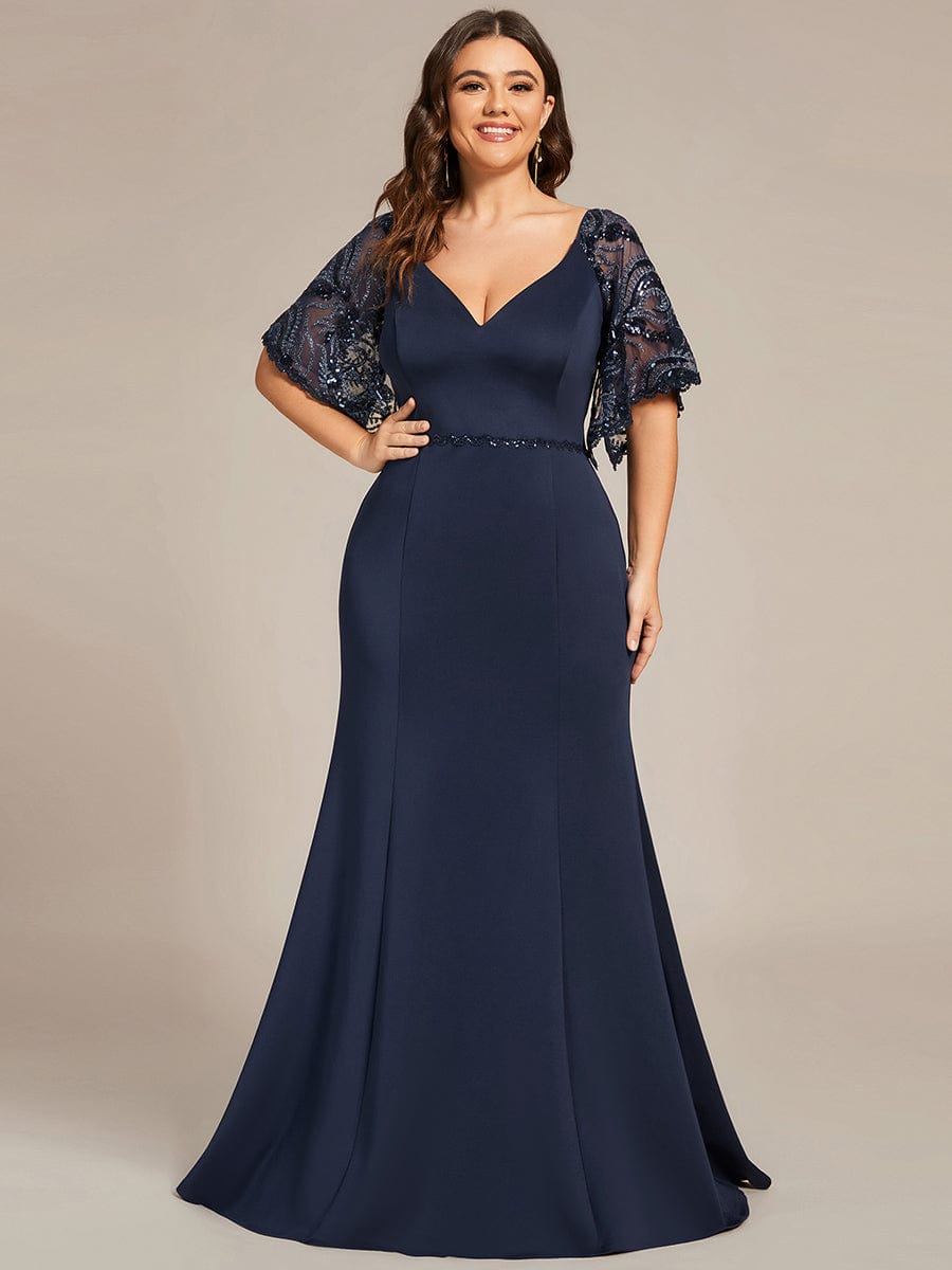 Custom Size Sexy Maxi V Neck Bodycon Party Dress with Flare Sleeves #color_Navy Blue